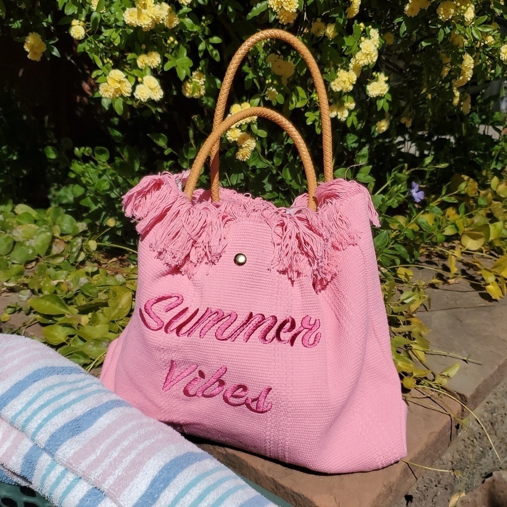 Pink Vacation Women's Large Capacity Letter & Tassel Canvas Tote Bag